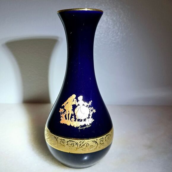 Limoges Castel Porcelain Cobalt Dark Blue Vintage Vase Lovers Scene with Gold - Picture 2 of 8